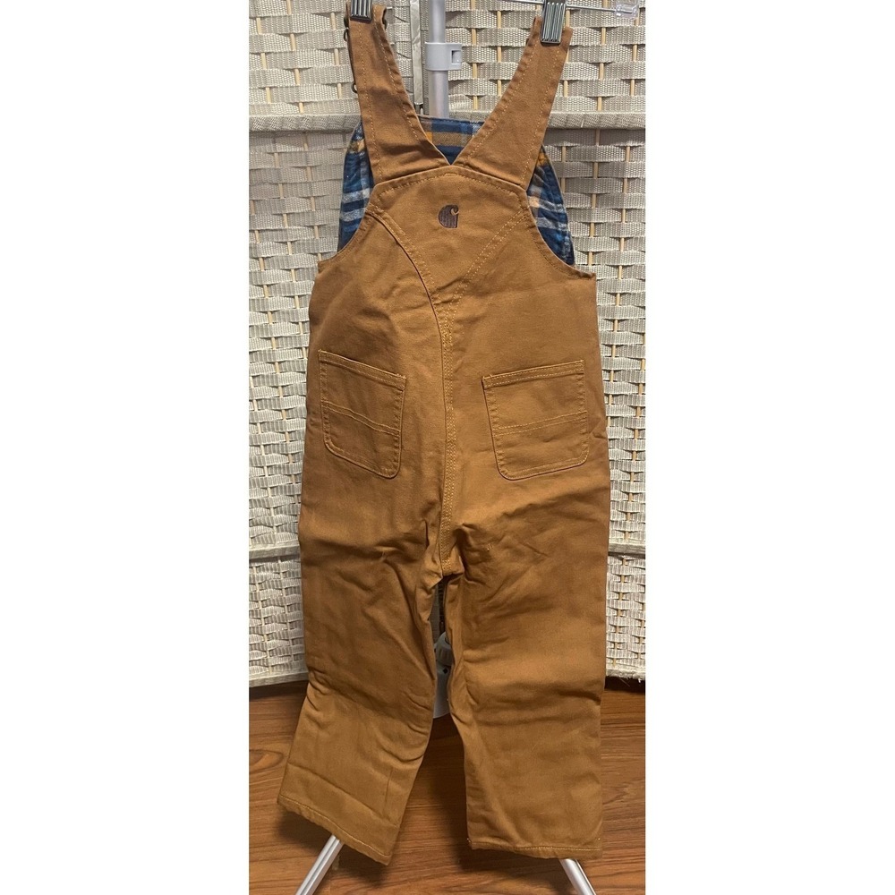 NWT Carhartt Kids Flannel Lined Duck Bib Overalls Brown Plaid Size 4T - Picture 6 of 15